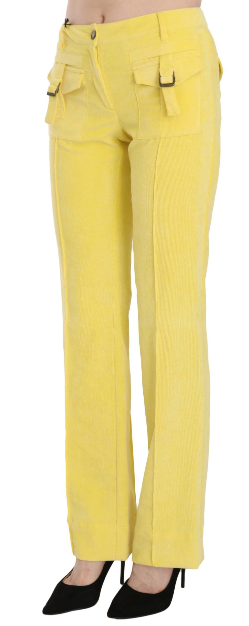 Yellow Corduroy Mid Waist Straight Trousers Pants