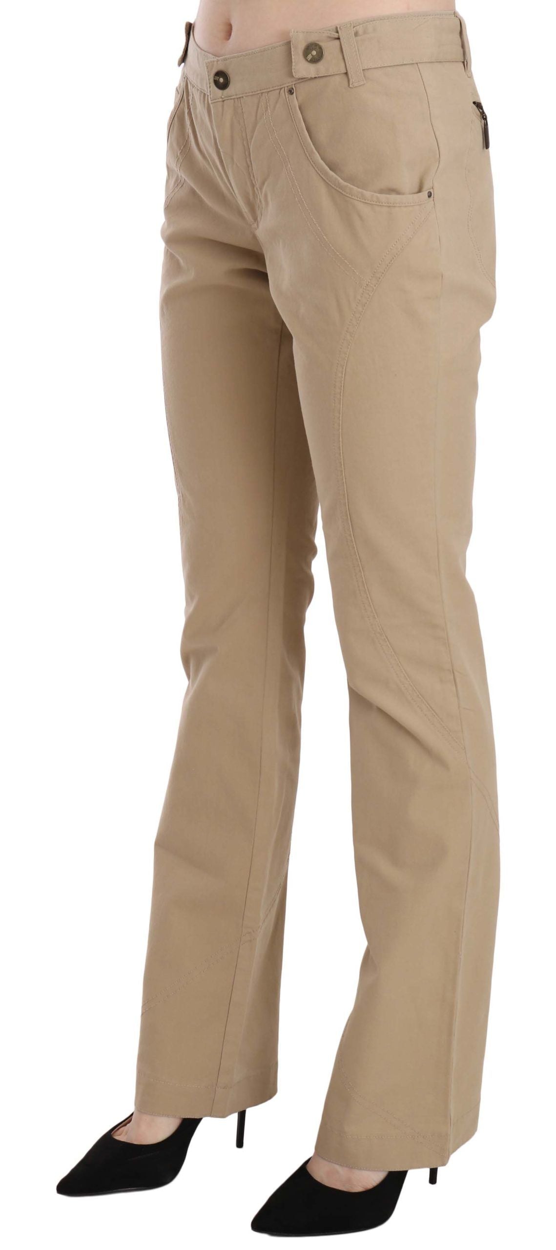 Beige Cotton Mid Waist Straight Trousers Pants