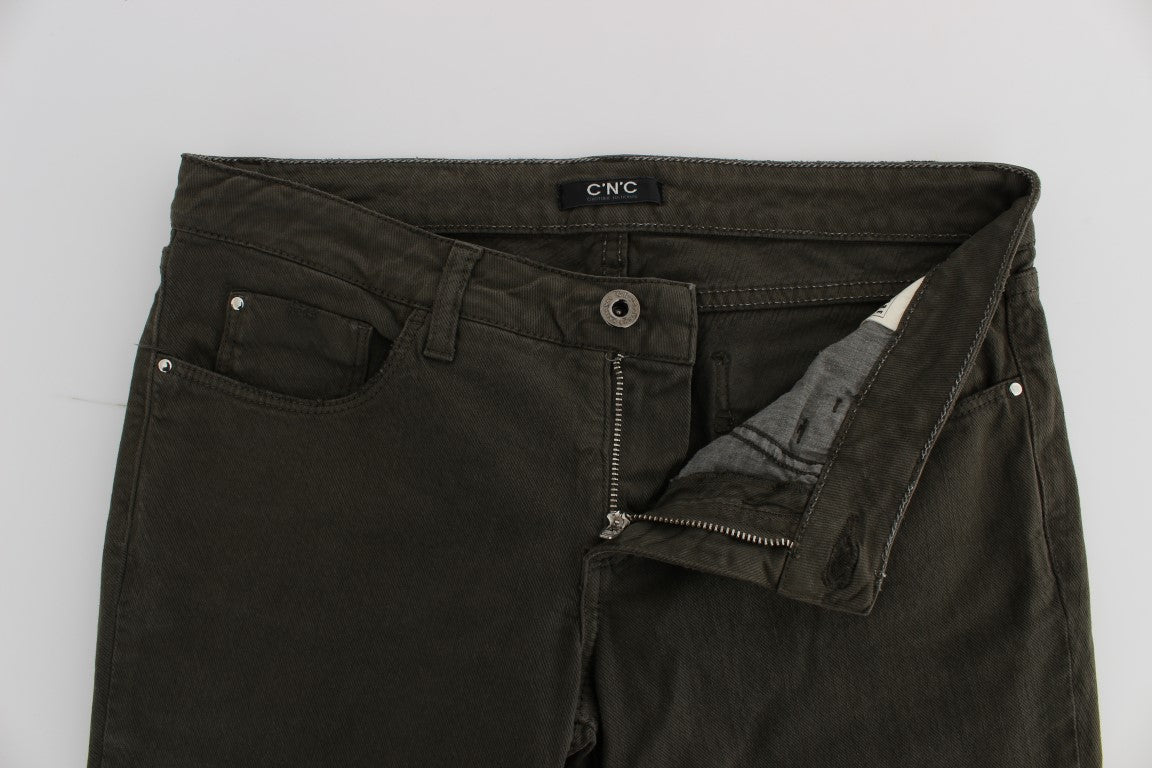 Green Cotton Blend Slim Fit Jeans